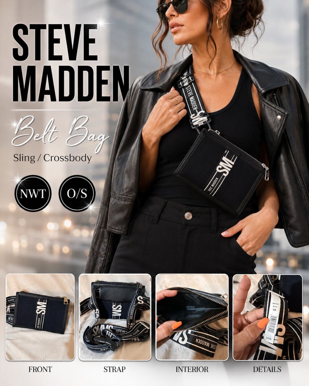 Steve Madden Black Logo Strap Zip Pouch Crossbody Bag NWT O/S